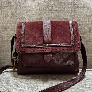Fossil Kinley Genuine Leather & Suede Studs Multi Pocket Burgundy Crossbody Bag